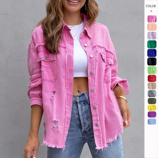 Fashion Ripped Shirt Jacket Female Autumn And Spring Casual Tops Womens Clothing null