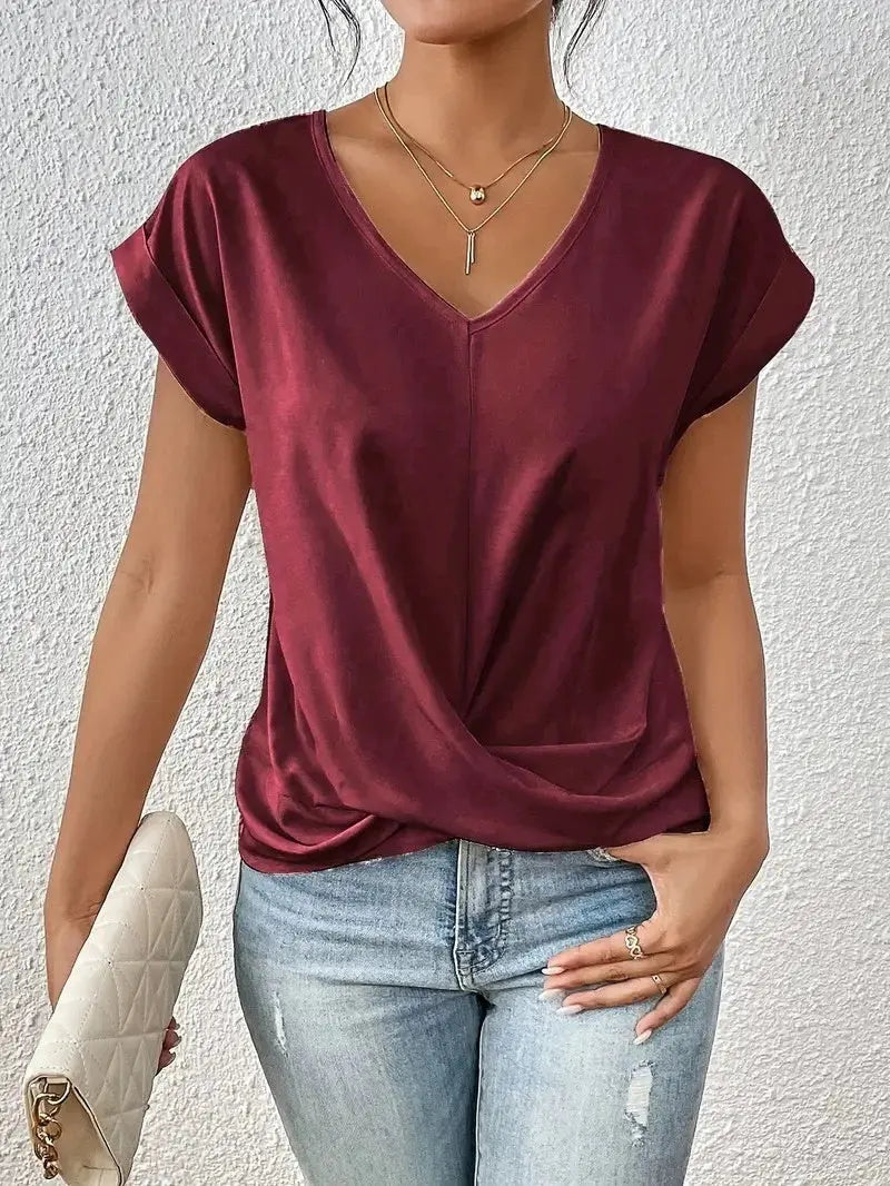 Fashion V-neck Short-sleeve T-shirt Summer Casual Irregular Knot Top For Women Clothing Nipaaj