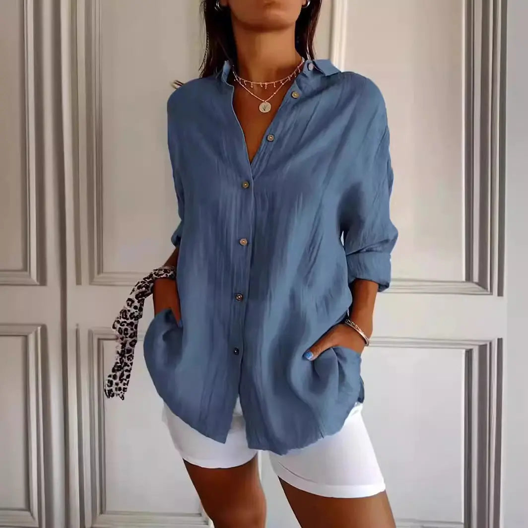 Lapel Long Sleeve Shirt Women's Single-breasted Pleated Shirt null