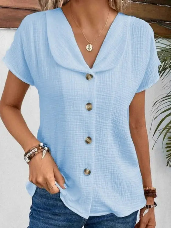 Summer Solid Color Fashion Short-sleeved Cardigan Button Women's Top Nipaaj