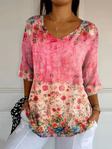 New 3D Printed Women's European And American Fashion Floral V-neck Shirt Top null