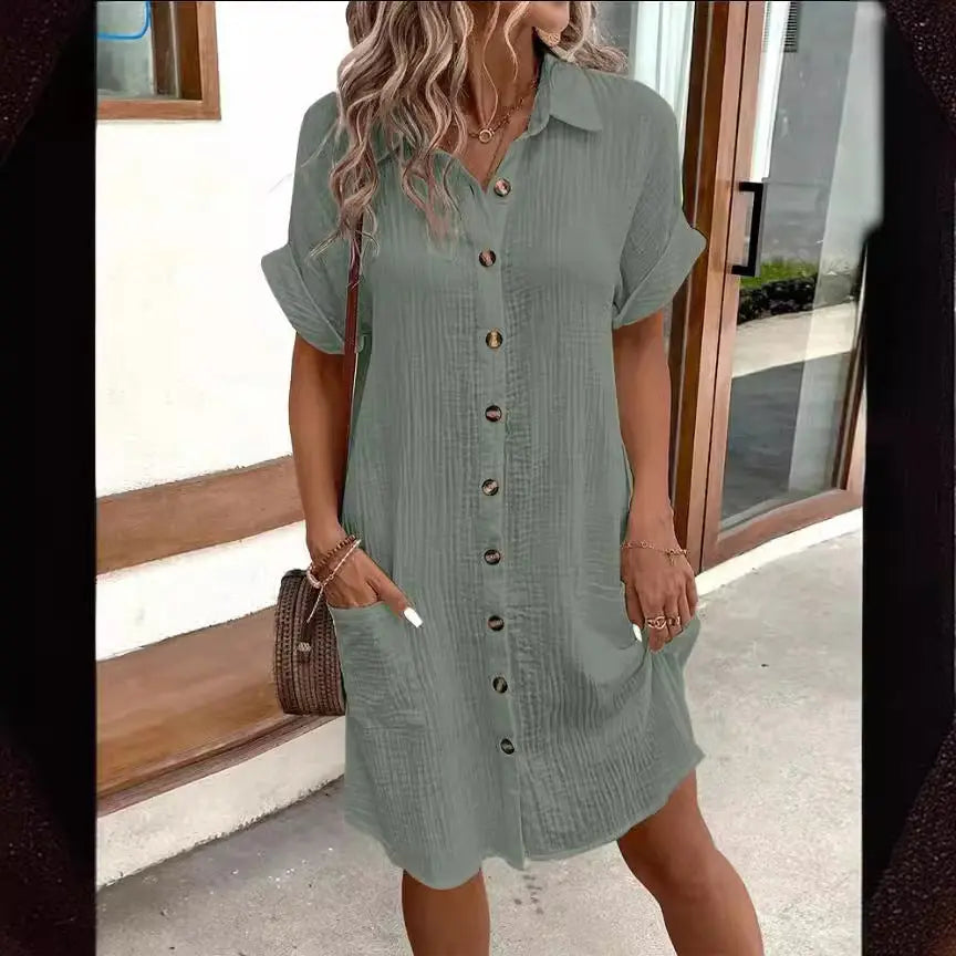 Summer Short Sleeve Shirt Dress Fashion Solid Color Single-breasted Mid-length Loose Dress null