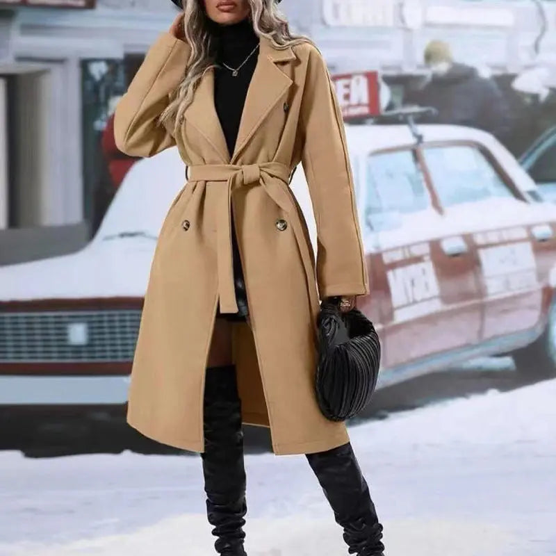 Lapel Double-breasted Trench Coat With Belt Winter Fashion Solid Color Long Jacket Outwear Women Clothing null