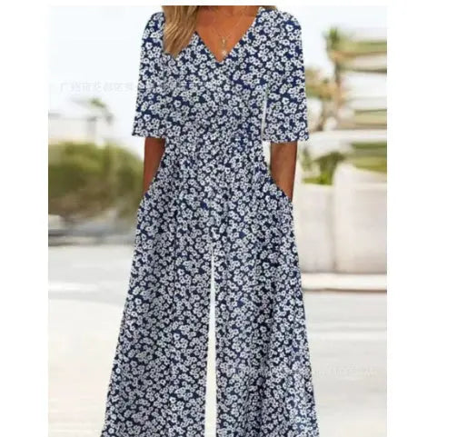 Spring And Summer Print Women's Pocket Collar Jumpsuit Nipaaj