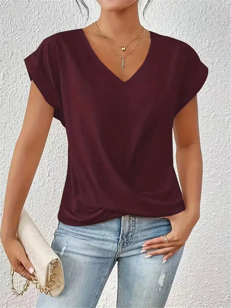 Fashion V-neck Short-sleeve T-shirt Summer Casual Irregular Knot Top For Women Clothing Nipaaj