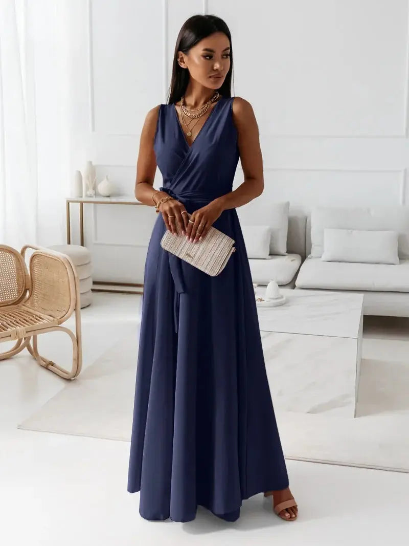 V-neck Sleeveless Dress With Belt Summer Fashion Party Club Evening Maxi Dresses For Women Clothing null