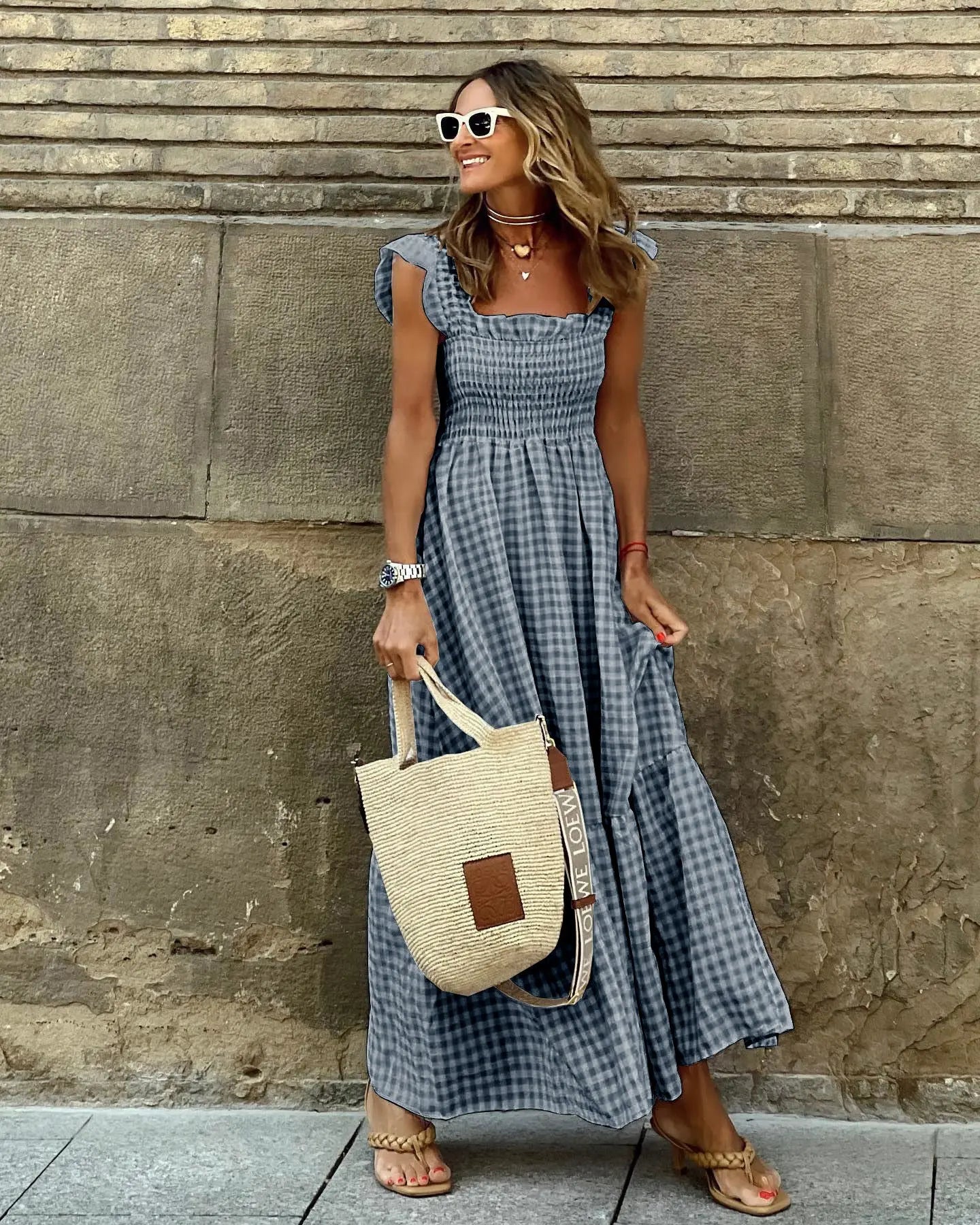 Summer Plaid Print Pleated Ruffle Dress INS Fashion Sleeveless A-line Swing Beach Dress Women's Clothing null