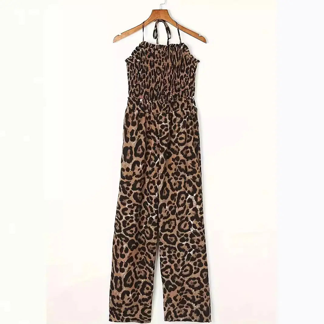 Women's Leopard Print Halter Backless Jumpsuit null