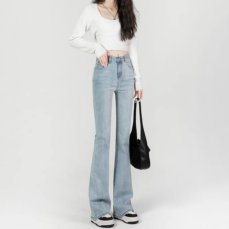 Light Blue Slightly Flared High Waist Slimming Mopping Jeans