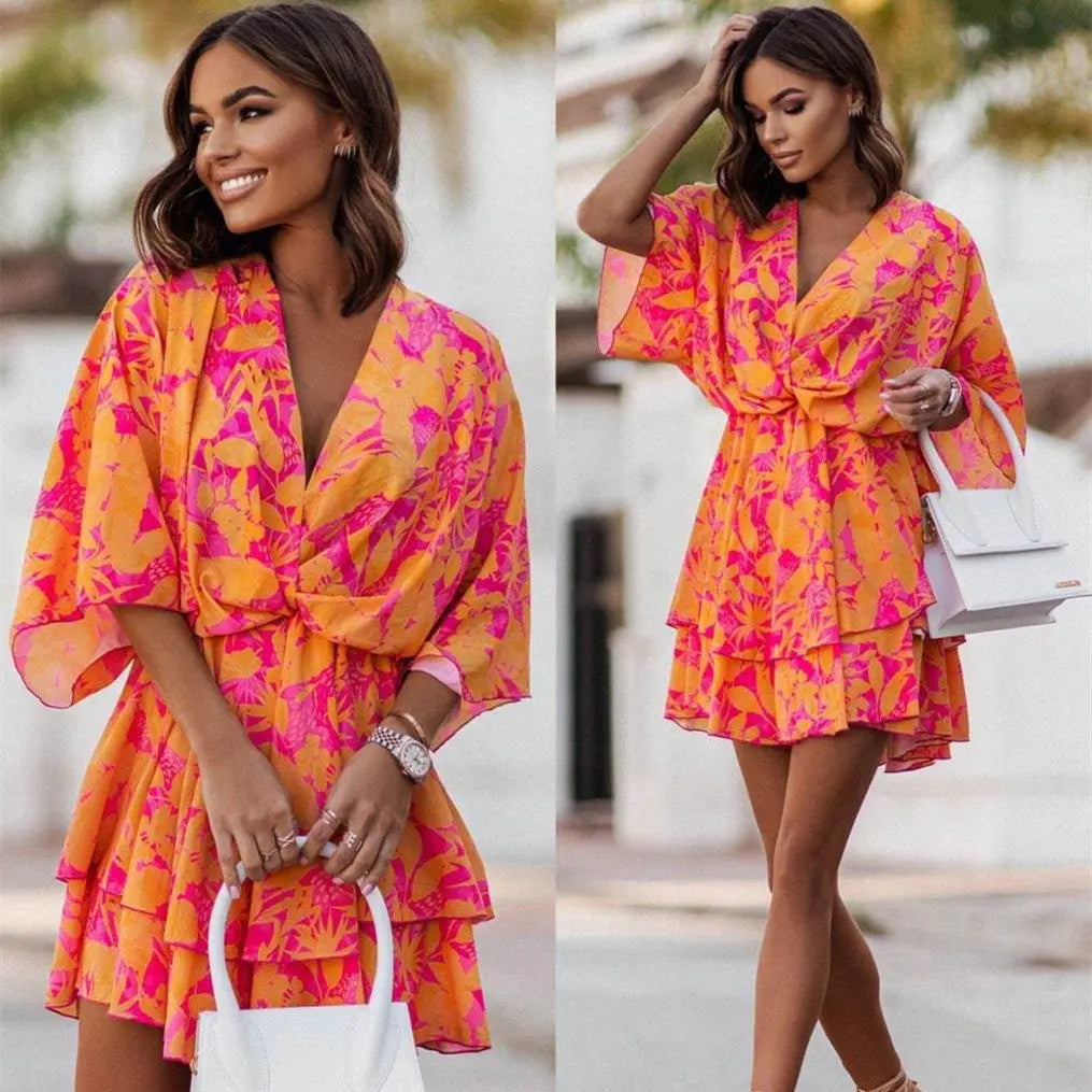 Fashion Print V-Neck Doll Sleeve Loose Cake Dress null