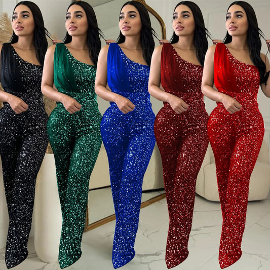Women's Solid Color Sleeveless One-shoulder Sequined Trousers Jumpsuit null