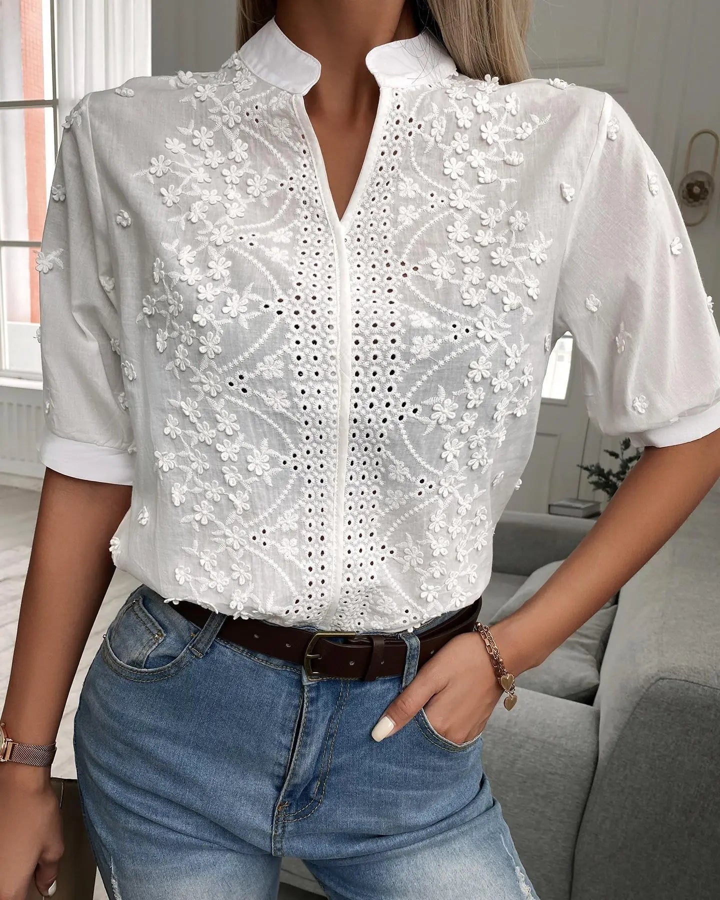 Women's Fashion V-neck Stand Collar Embroidery Lace Blouse Shirt Nipaaj