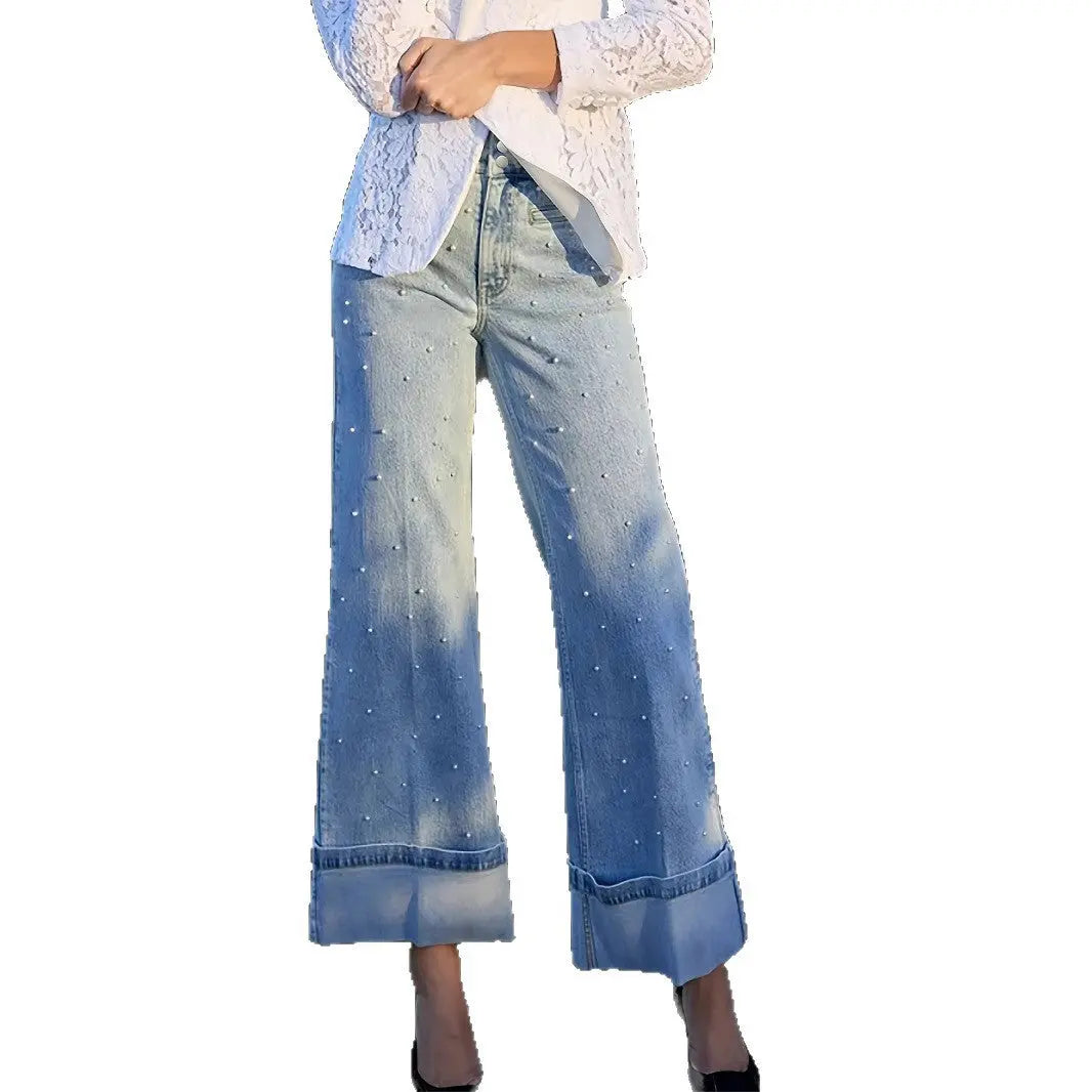 European And American High Waist Beaded Stretch Curling Jeans Wide Leg Nipaaj