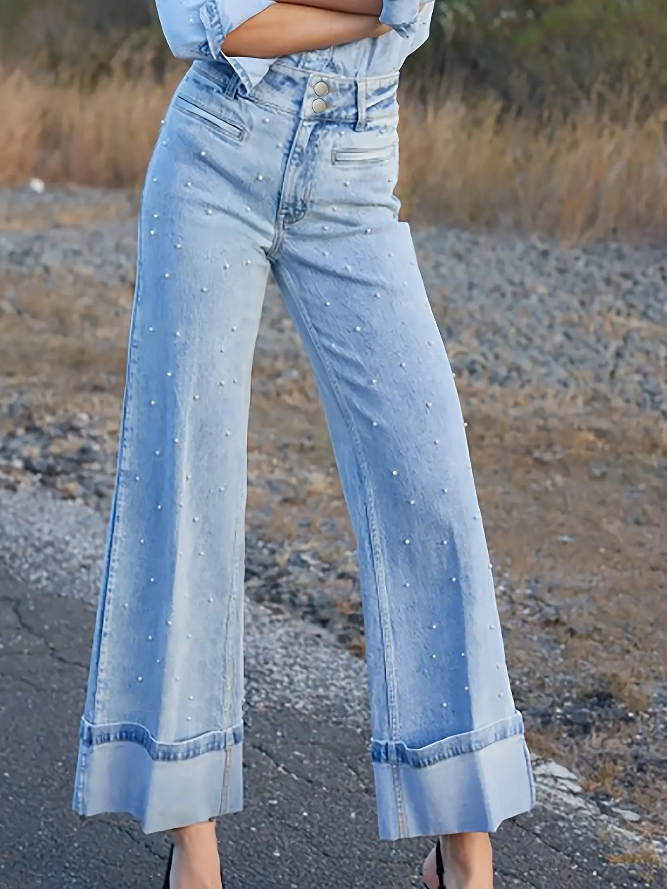 European And American High Waist Beaded Stretch Curling Jeans Wide Leg Nipaaj