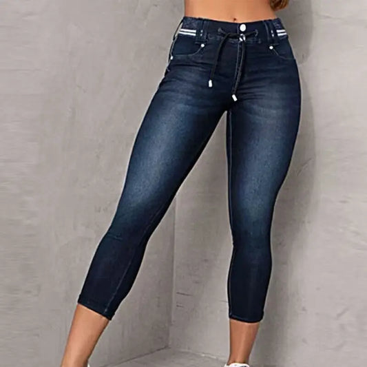 Striped Stitching Drawstring Tight Hip Raise Skinny Denim Ankle-length Pants Nipaaj