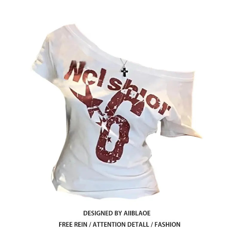 Oblique Shoulder Printed Short Sleeve Summer Slim-fit Crop-top null