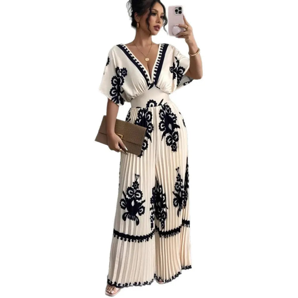 Casual Printed Loose Short-sleeved Jumpsuit Nipaaj