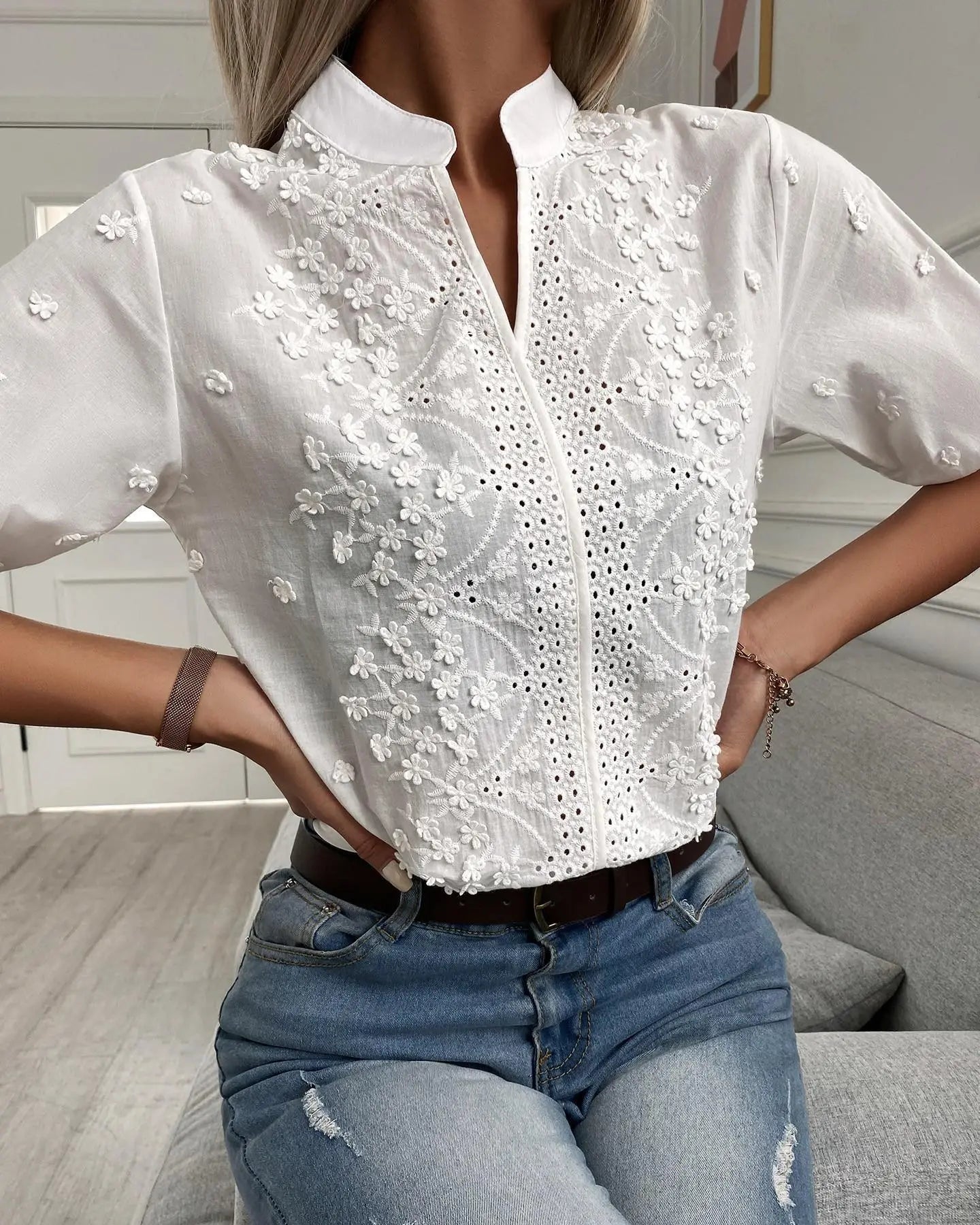Women's Fashion V-neck Stand Collar Embroidery Lace Blouse Shirt Nipaaj