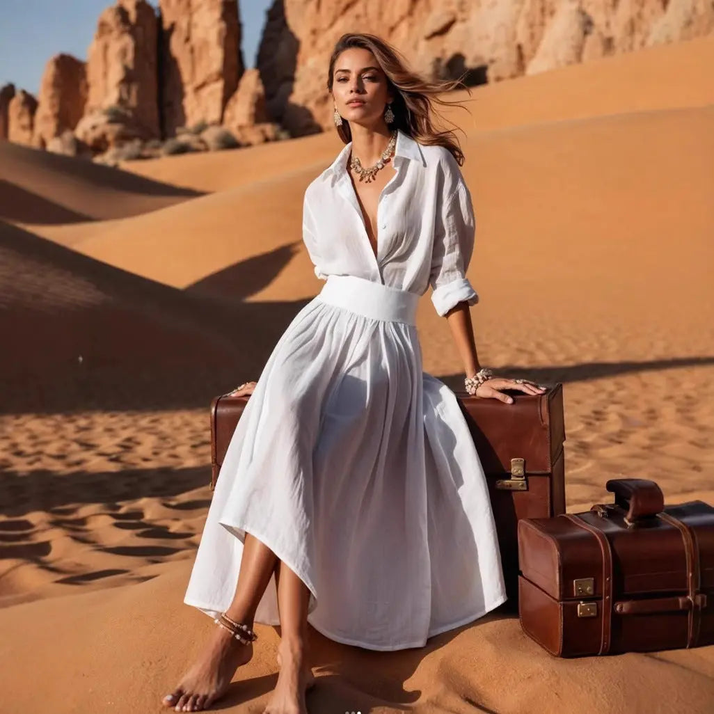 V-neck Tight Waist Long Dress Women null