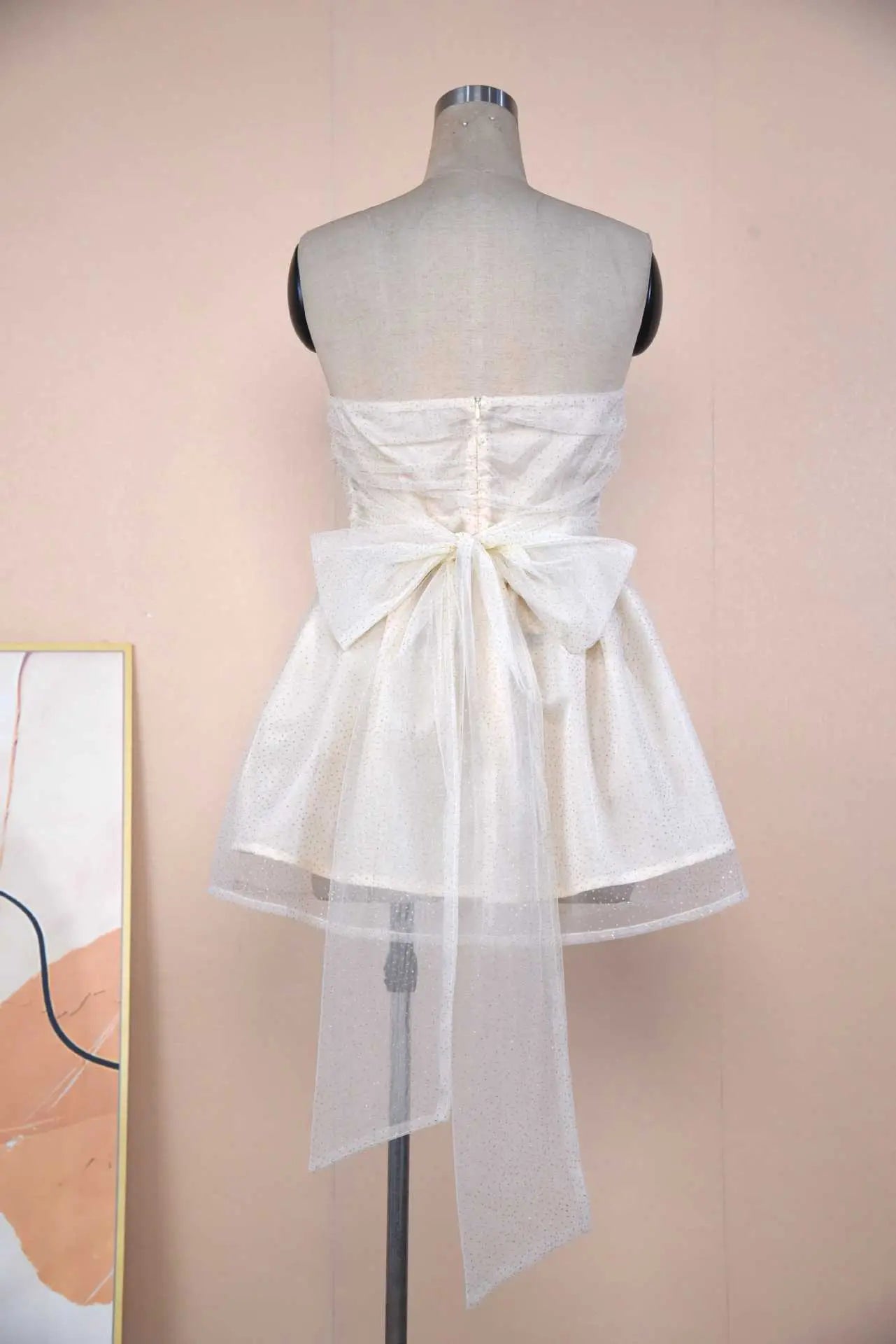 Tube Top Lace Dress With Back Bow-knot Summer Fashion Temperament Mesh Stitching Off-neck Short Skirt null