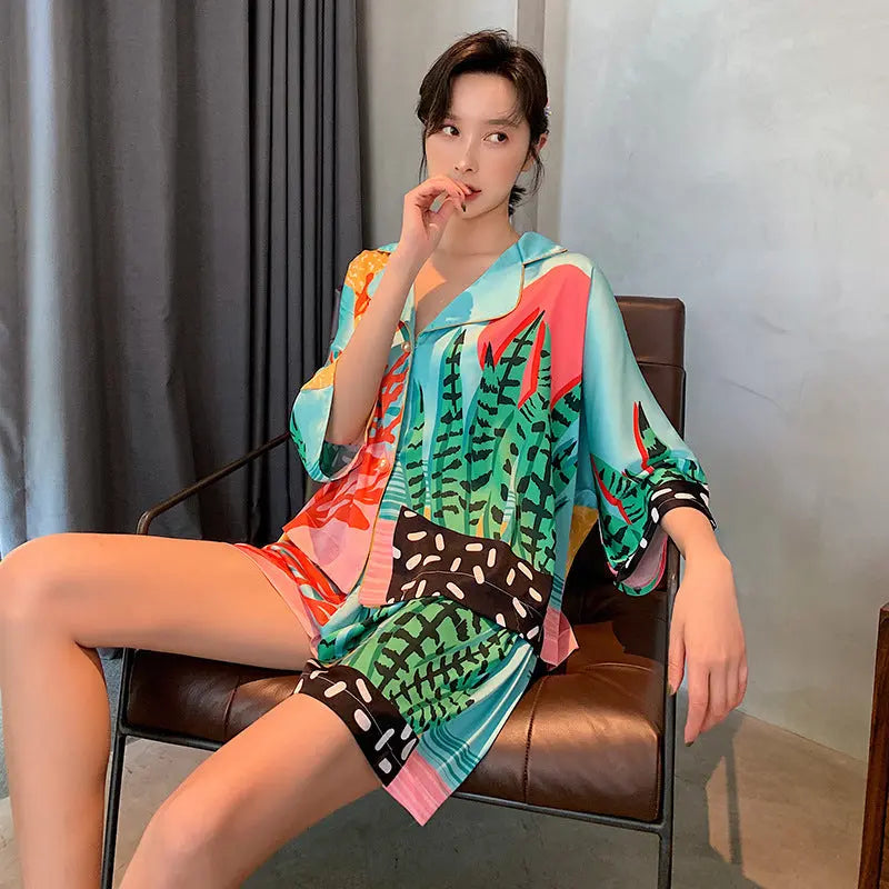 New Nightwear Women's Plant Print Pearl Button Silk Thin Style Nipaaj