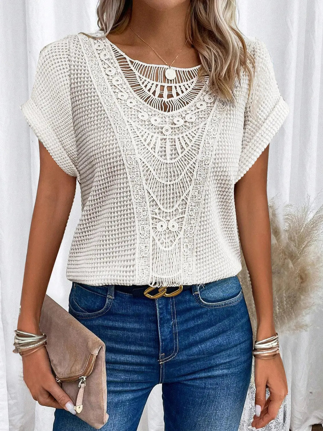 Summer Hollow Out Short-sleeved T-shirt Fashion Ethnic Style Tops Women's Clothing Nipaaj