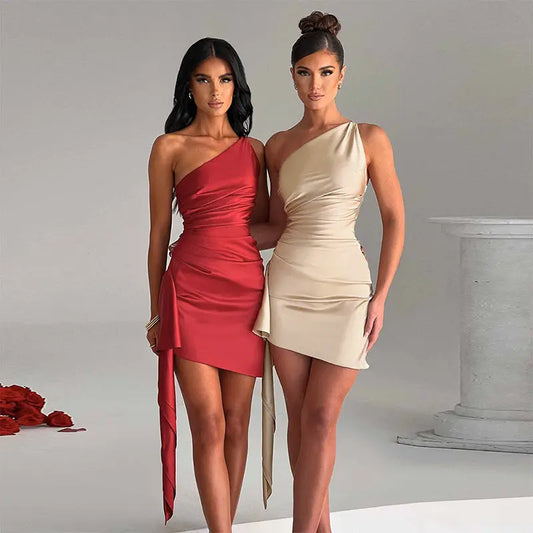 One-shoulder Sleeveless Mini Dress Sexy Slim Backless Skirt Party Wedding Dresses Womens Clothing null