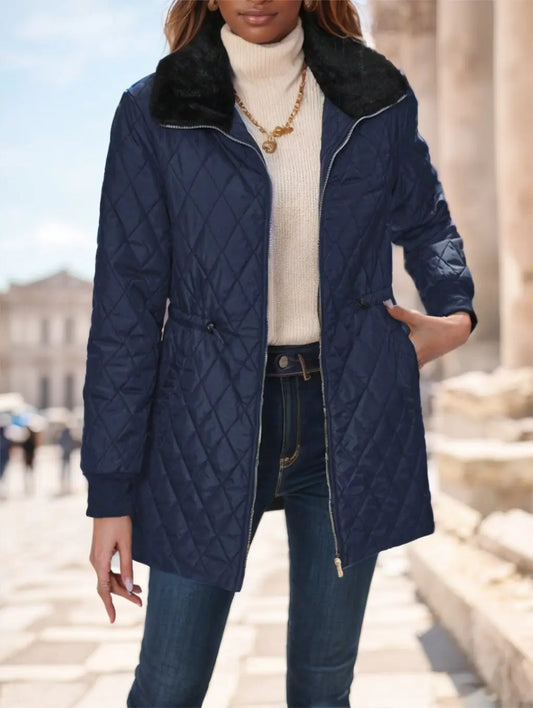 Casual Winter Clothes Contrast-Color Fur Collar Drawstring Waist Padded Padded Coat null