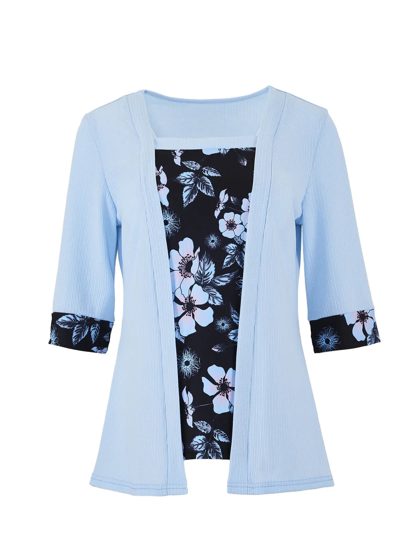 Women's Fake Two-piece Five-quarter Sleeve Printed Top T-shirt Nipaaj