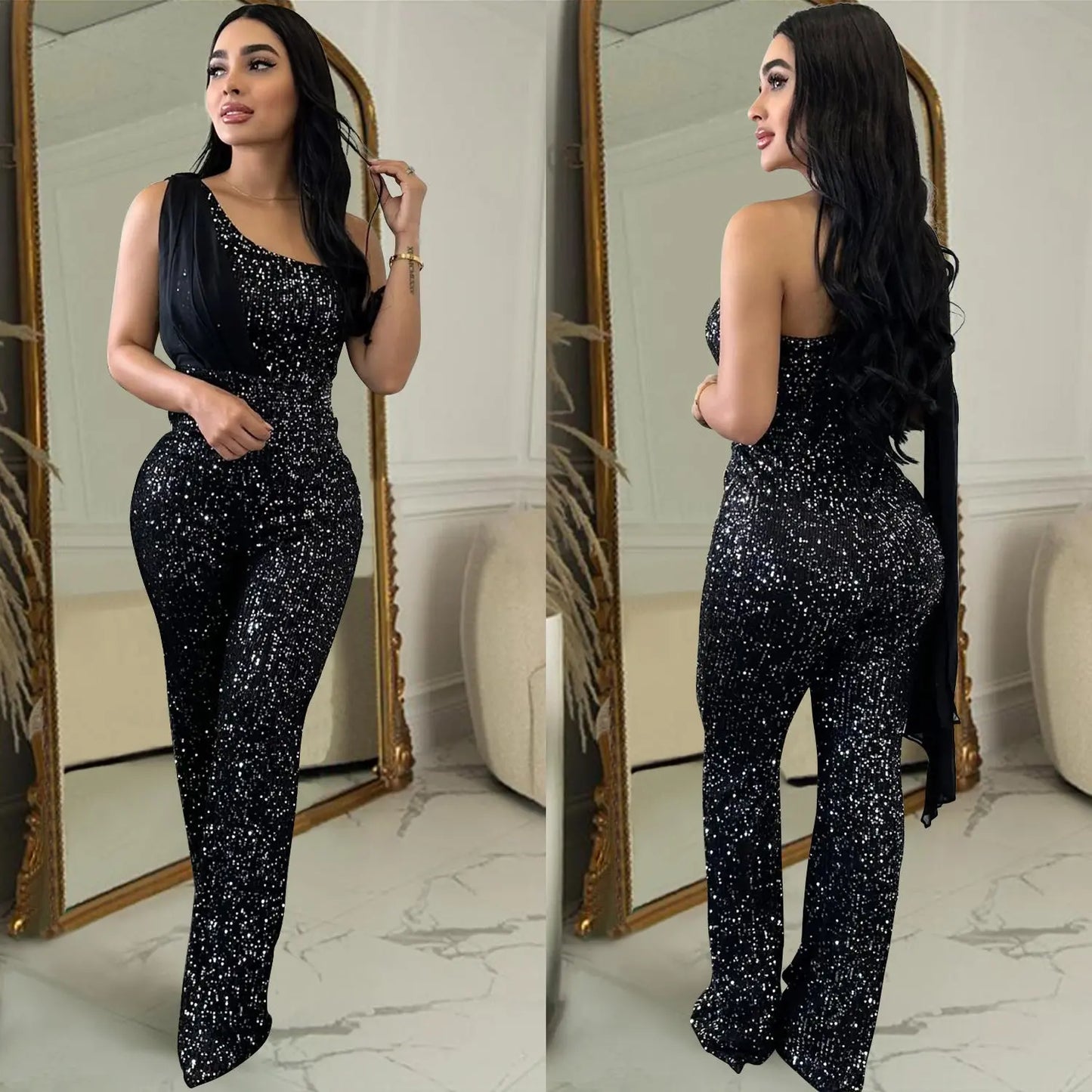 Women's Solid Color Sleeveless One-shoulder Sequined Trousers Jumpsuit null