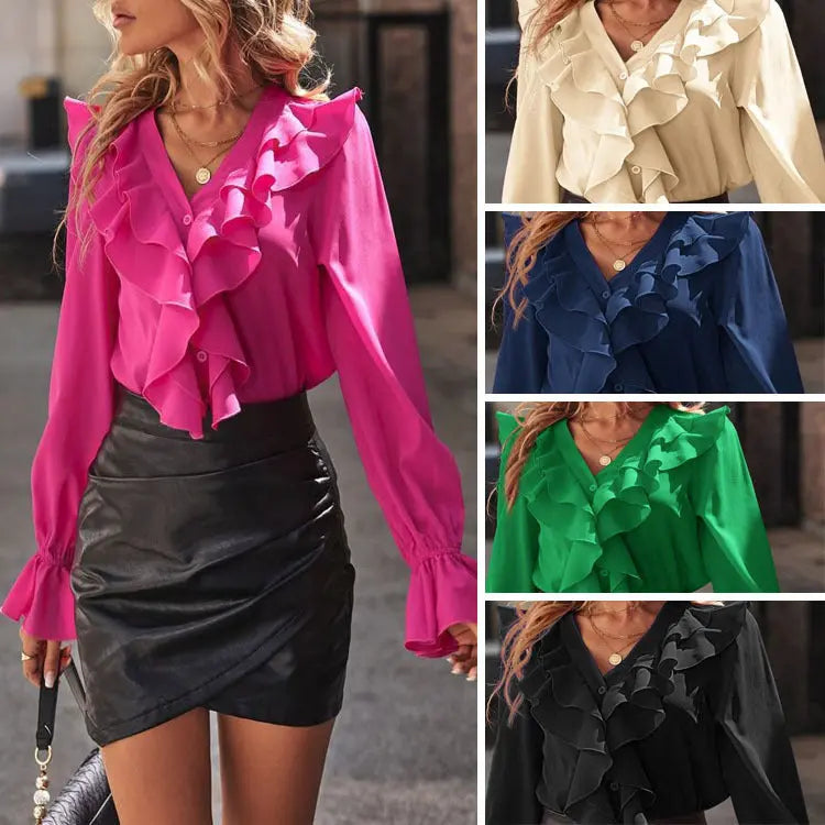 Women's V-neck Flounce Temperament Shirt Nipaaj
