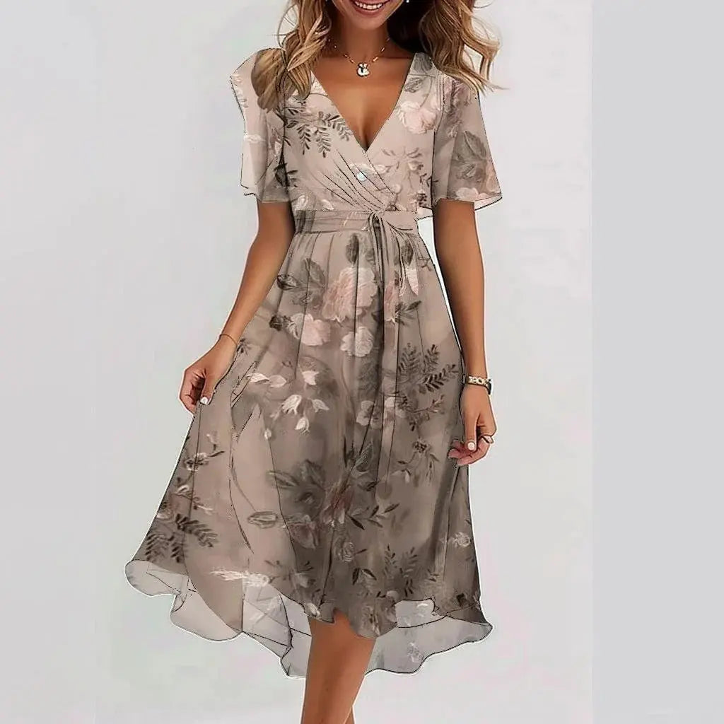 Chiffon Printed Short Sleeve Dress Summer Elegant V-neck Dresses Womens Clothing null