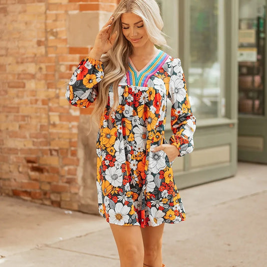 Orange Floral Print Striped Lace V Neck Long Sleeve Mini Dress