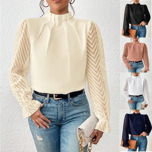 Women's Half-turtleneck Stitching Wavy Chiffon Long-sleeved Top Nipaaj