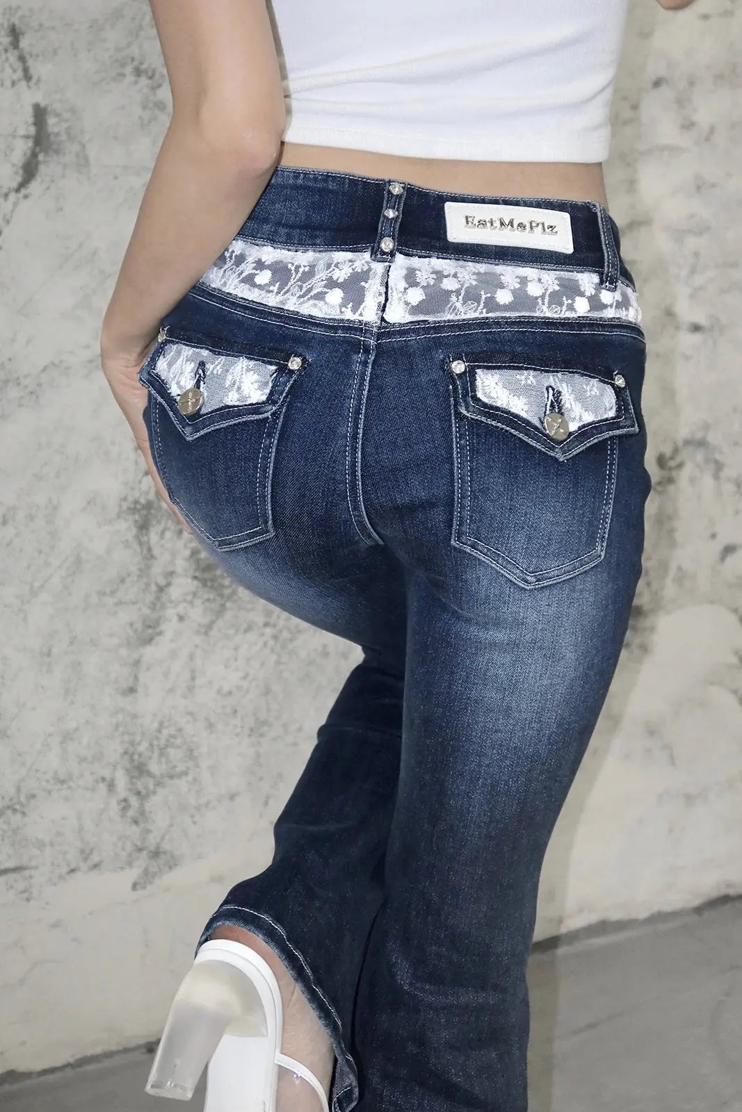 Rhinestone Skinny Low Waist Flared Dark Jeans Nipaaj