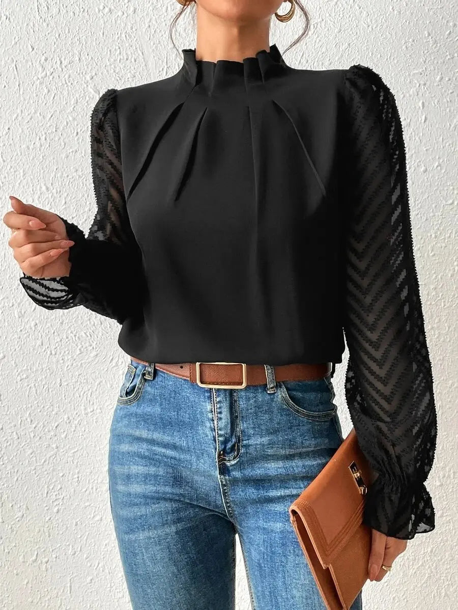 Women's Half-turtleneck Stitching Wavy Chiffon Long-sleeved Top Nipaaj