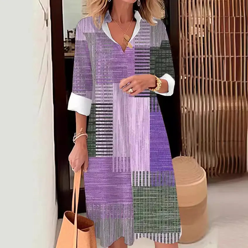 Casual Printing Lapel Long Sleeve Button Irregular Shirt Dress null