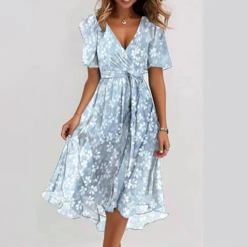 Chiffon Printed Short Sleeve Dress Summer Elegant V-neck Dresses Womens Clothing null