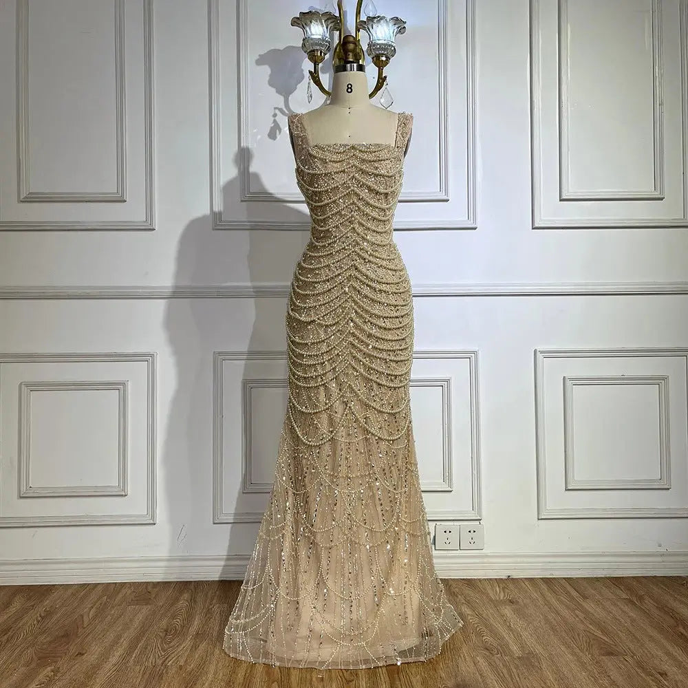 Nude Elegant Sling Light Luxury High-end Pearl Beaded Dress Nipaaj