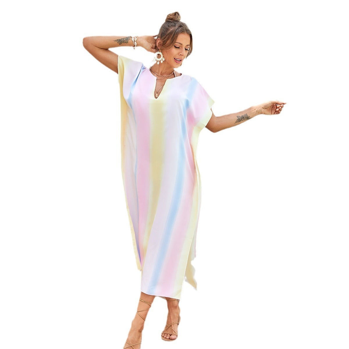 Beach Cover-up Rainbow Color Long Slit V-neck