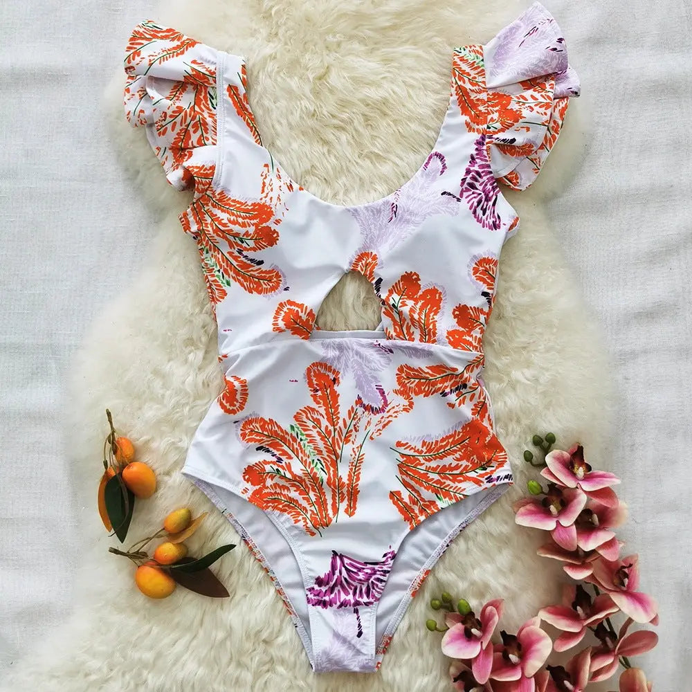 Printed Ruffle One Piece Swimming Costume Women Chiffon Maxi Dress null