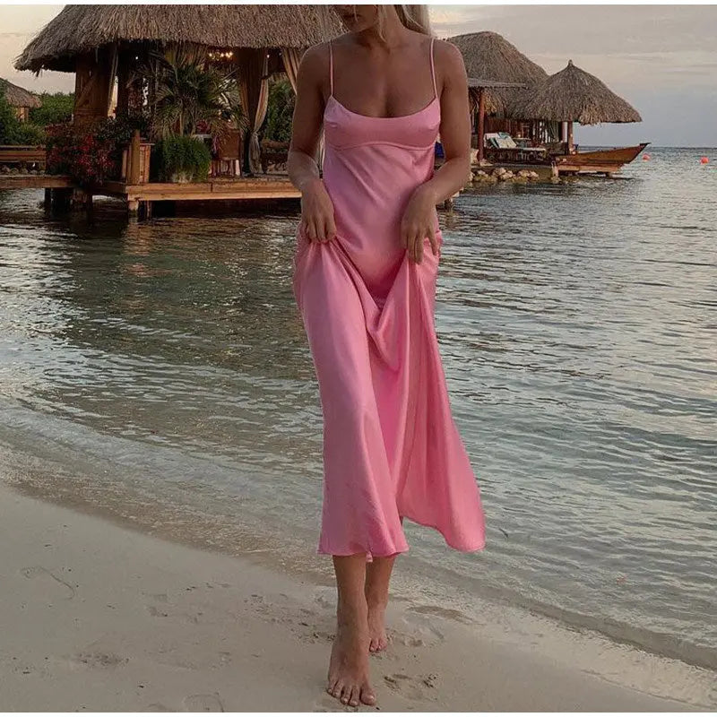 Women Camis Satin Long Dresses Elegant Sleeveless Slip Holiday Party Dresses Sexy Casual Backless Summer Dresses null