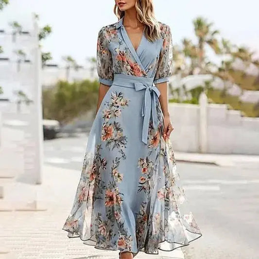 Short Sleeve V-neck Digital Printing Thin Waist Dress null