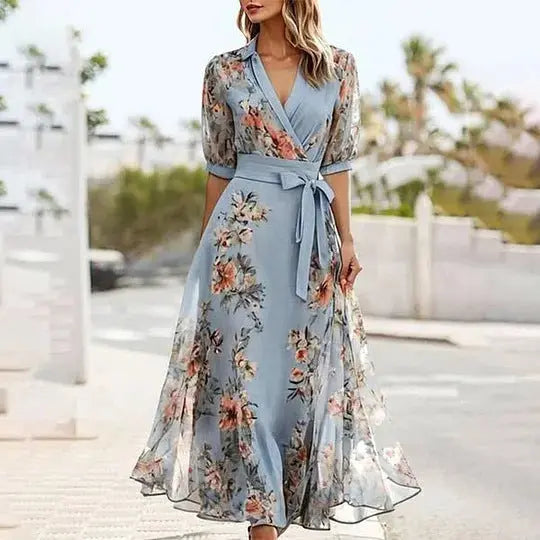 Short Sleeve V-neck Digital Printing Thin Waist Dress null