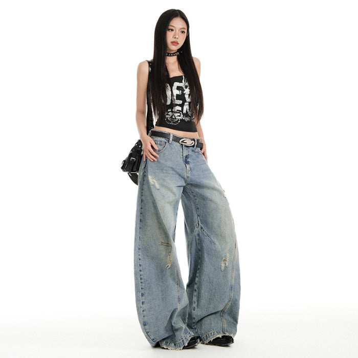 Distressed American Street Retro Deconstructed Machete Wide Leg Jeans