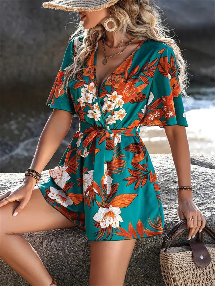 Beach Vacation Ruffle Sleeve Short Culottes Printed Jumpsuit null