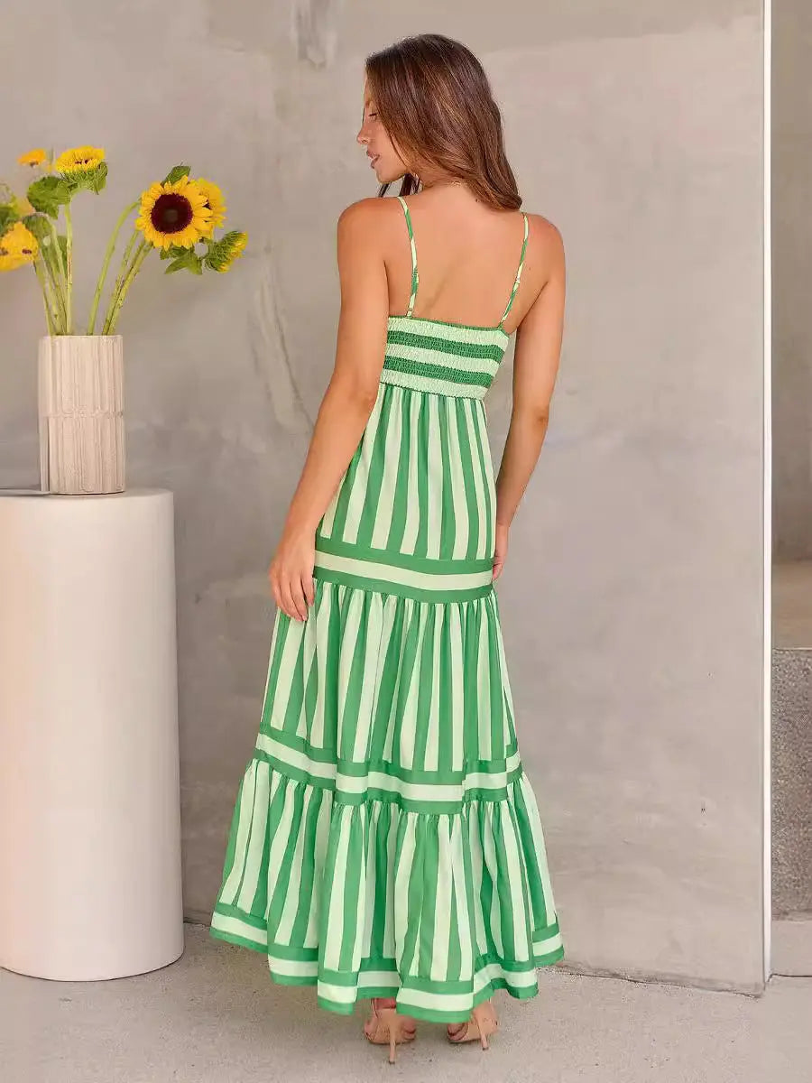 Summer Striped Printed Suspender Long Dress With Pockets Fashion Square Neck Backless Dresses For Beach Vacation Women Clothing null
