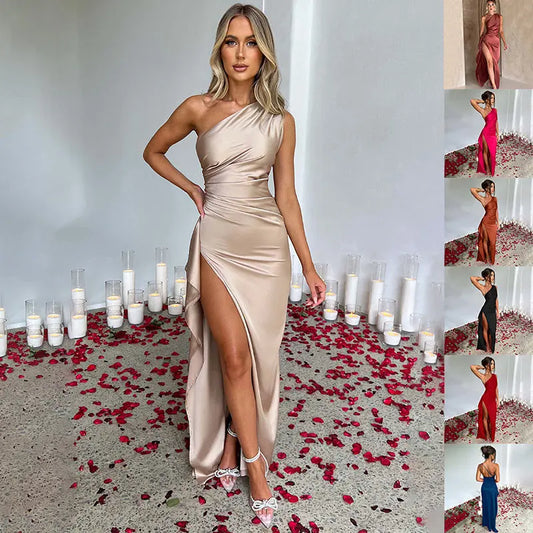 Sexy One-shoulder Backless Slit Dress Summer Elegant Slim-fit Solid Color Satin Dresses For Women null