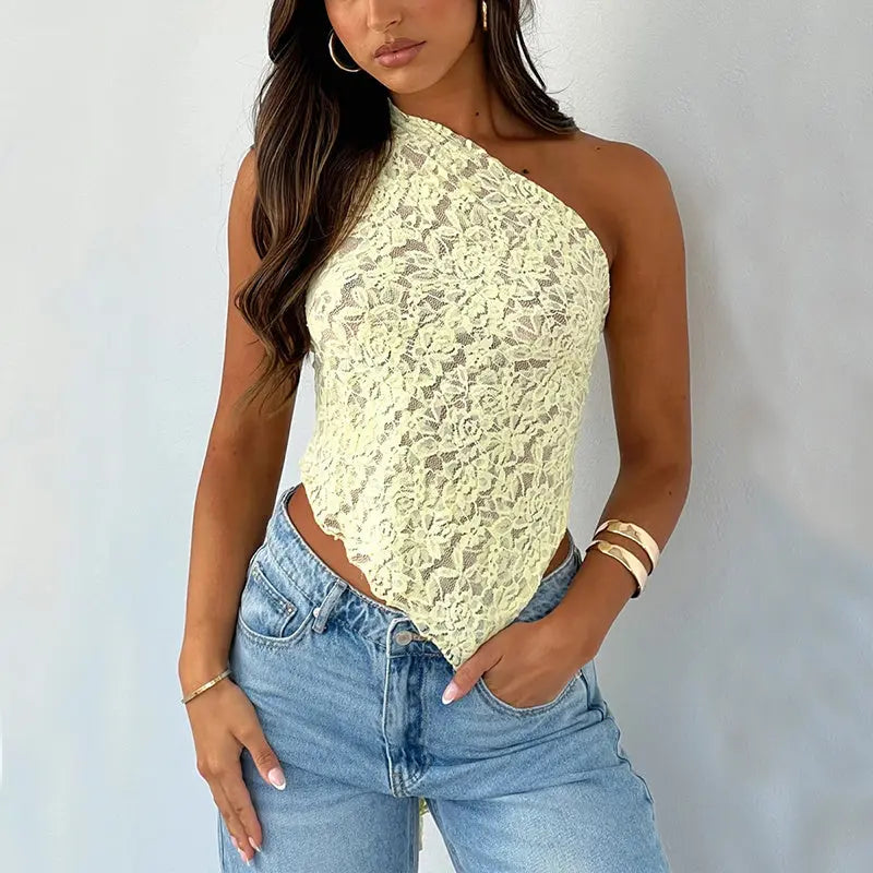 Ins Lace Backless Top Summer Solid Color Waistless Asymmetrical Sloped Neck Vest Streetwear Womens Clothes null