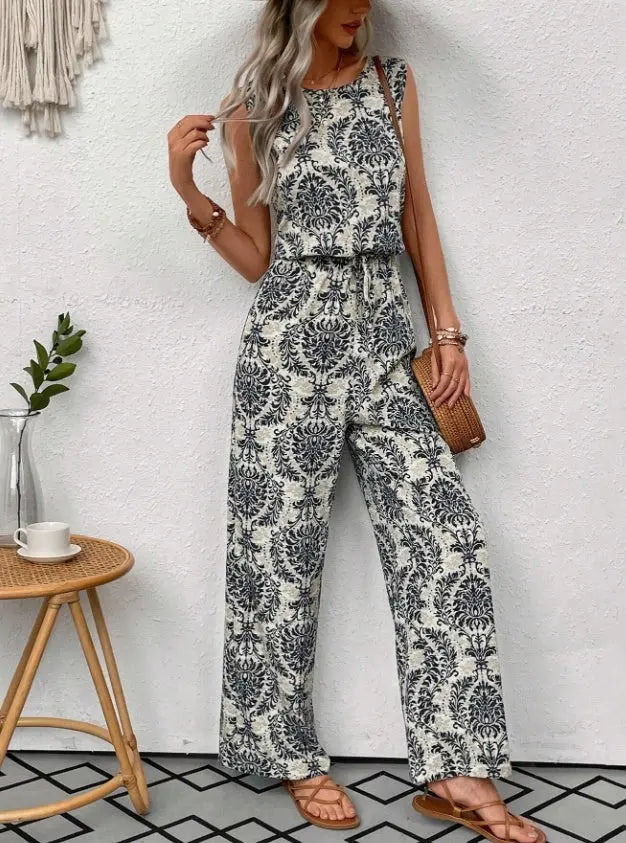 Printed Waist Cinching Casual Straight Leg Pants Set null